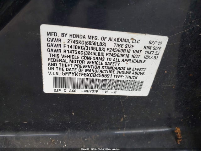 Aukcja sprzedaży 2012 Honda Ridgeline Rtl, vin: 5FPYK1F5XCB456591, numer aukcji: 46212176