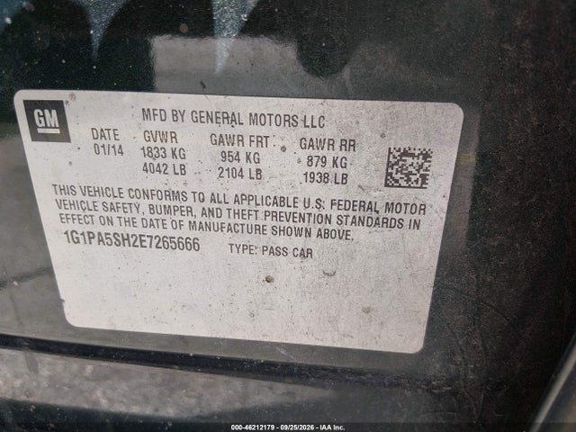 2014 Chevrolet Cruze Ls Auto მანქანა იყიდება აუქციონზე, vin: 1G1PA5SH2E7265666, აუქციონის ნომერი: 46212179