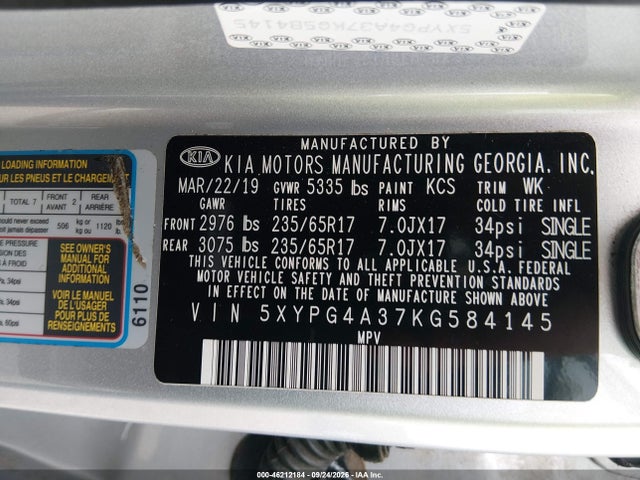 Продаж на аукціоні авто 2019 Kia Sorento 2.4l L, vin: 5XYPG4A37KG584145, номер лоту: 46212184