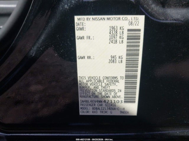 2022 Nissan Altima Sl Fwd მანქანა იყიდება აუქციონზე, vin: 1N4BL4EV4NN421103, აუქციონის ნომერი: 46212189