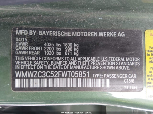 Продаж на аукціоні авто 2015 Mini Countryman Cooper S, vin: WMWZC3C52FWT05851, номер лоту: 46212229