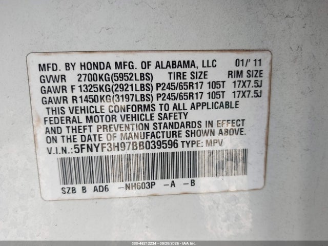 2011 Honda Pilot Touring მანქანა იყიდება აუქციონზე, vin: 5FNYF3H97BB039596, აუქციონის ნომერი: 46212234