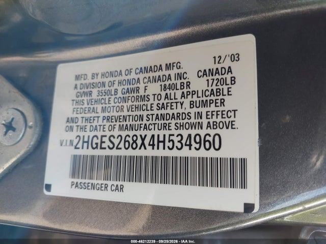 46212239 :رقم المزاد ، 2HGES268X4H534960 vin ، 2004 Honda Civic Ex مزاد بيع