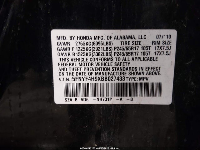 Продажа на аукционе авто 2011 Honda Pilot Touring, vin: 5FNYF4H9XBB027433, номер лота: 46212270