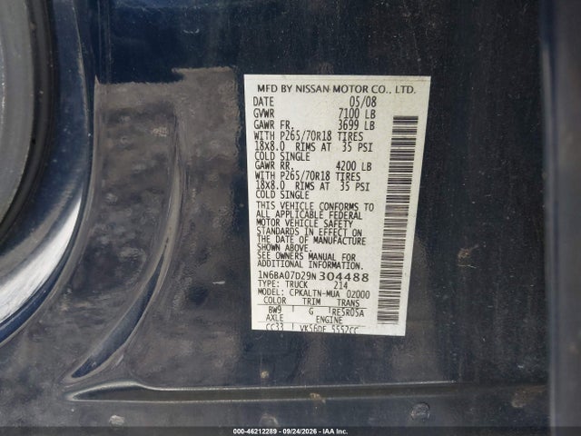 Продаж на аукціоні авто 2009 Nissan Titan Se, vin: 1N6BA07D29N304488, номер лоту: 46212289