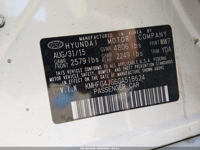 Продажа на аукционе авто 2016 Hyundai Azera, vin: KMHFG4JG6GA518624, номер лота: 46212290