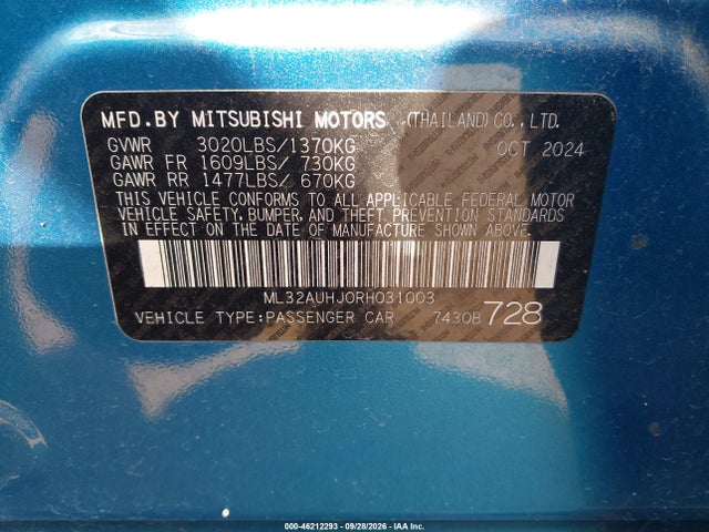 Продажа на аукционе авто 2024 Mitsubishi Mirage Es/le, vin: ML32AUHJ0RH031003, номер лота: 46212293