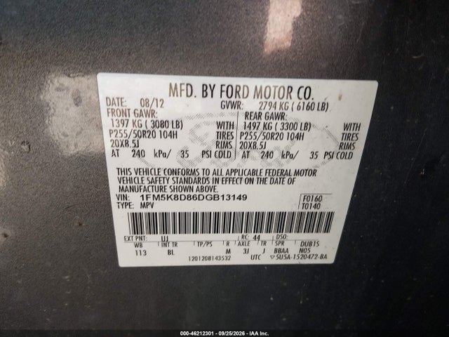 Продаж на аукціоні авто 2013 Ford Explorer Xlt, vin: 1FM5K8D86DGB13149, номер лоту: 46212301