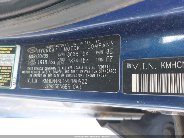 Продаж на аукціоні авто 2009 Hyundai Accent Gls, vin: KMHCN46C19U360922, номер лоту: 46212305