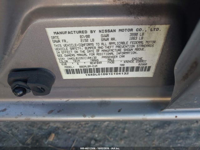 Продаж на аукціоні авто 2001 Nissan Altima Gxe, vin: 1N4DL01D91C104132, номер лоту: 46212306