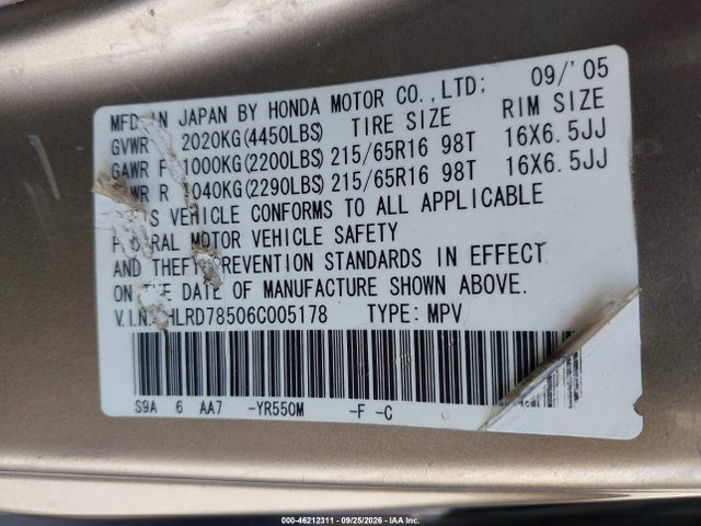 Aukcja sprzedaży 2006 Honda Cr-v Lx, vin: JHLRD78506C005178, numer aukcji: 46212311