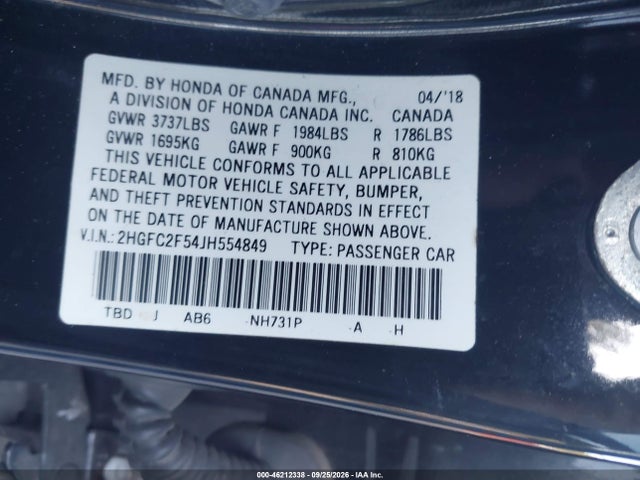 46212338 :رقم المزاد ، 2HGFC2F54JH554849 vin ، 2018 Honda Civic Lx مزاد بيع