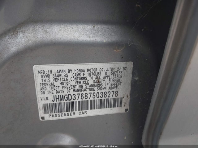46212353 :رقم المزاد ، JHMGD37687S038278 vin ، 2007 Honda Fit Sport مزاد بيع
