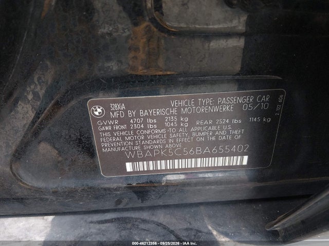 2011 Bmw 328i Xdrive მანქანა იყიდება აუქციონზე, vin: WBAPK5C56BA655402, აუქციონის ნომერი: 46212356