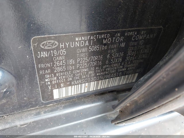 Aukcja sprzedaży 2005 Hyundai Santa Fe Gls, vin: KM8SC13D35U964818, numer aukcji: 46212357