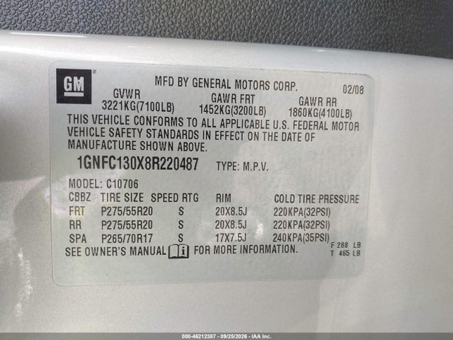 Продаж на аукціоні авто 2008 Chevrolet Tahoe Ltz, vin: 1GNFC130X8R220487, номер лоту: 46212387