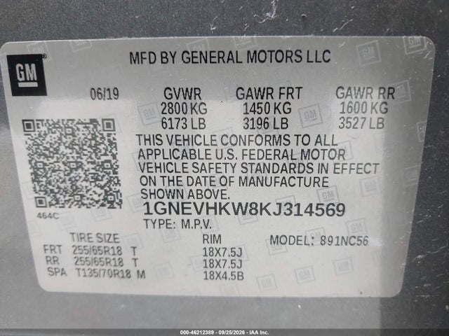 2019 Chevrolet Traverse 3lt მანქანა იყიდება აუქციონზე, vin: 1GNEVHKW8KJ314569, აუქციონის ნომერი: 46212389