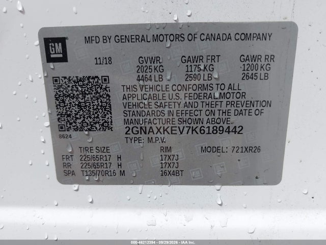 Продаж на аукціоні авто 2019 Chevrolet Equinox Lt, vin: 2GNAXKEV7K6189442, номер лоту: 46212394