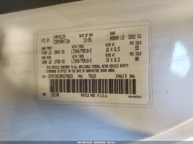 1994 Dodge Ram 2500 მანქანა იყიდება აუქციონზე, vin: 1B7KF26C8RS579633, აუქციონის ნომერი: 46212436