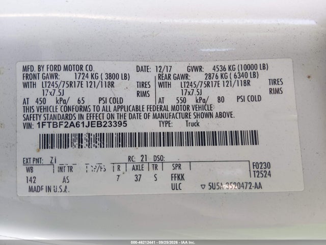 Aukcja sprzedaży 2018 Ford F-250 Xl, vin: 1FTBF2A61JEB23395, numer aukcji: 46212441