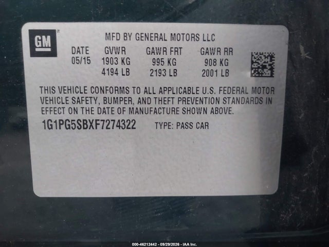 Aukcja sprzedaży 2015 Chevrolet Cruze Ltz, vin: 1G1PG5SBXF7274322, numer aukcji: 46212442