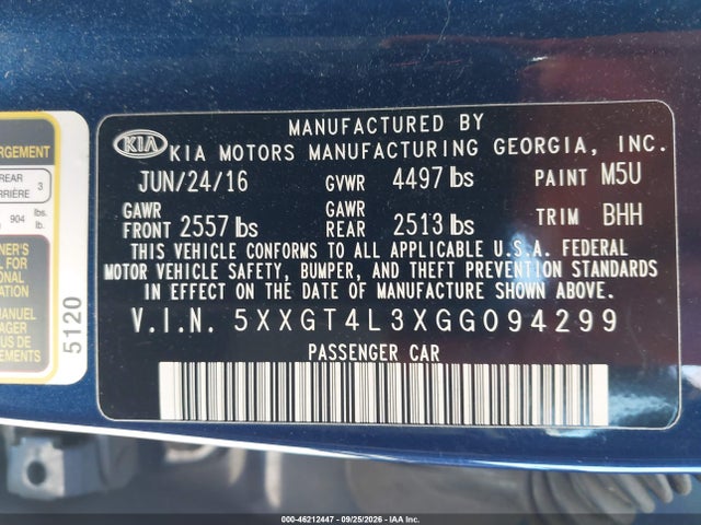 Продаж на аукціоні авто 2016 Kia Optima Lx, vin: 5XXGT4L3XGG094299, номер лоту: 46212447