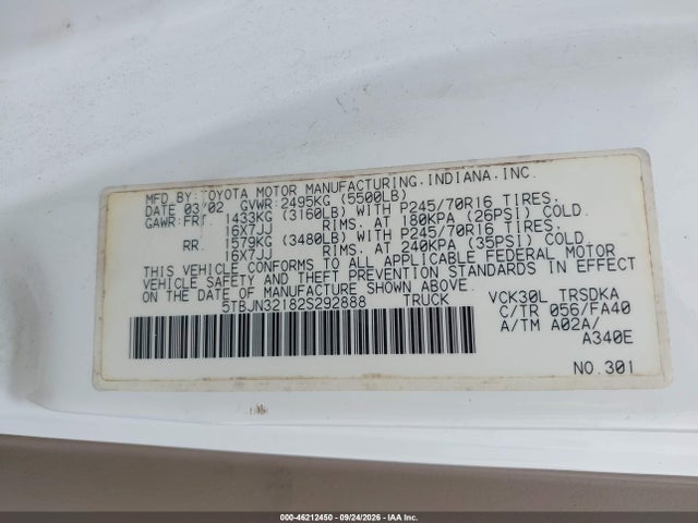 2002 Toyota Tundra მანქანა იყიდება აუქციონზე, vin: 5TBJN32182S292888, აუქციონის ნომერი: 46212450