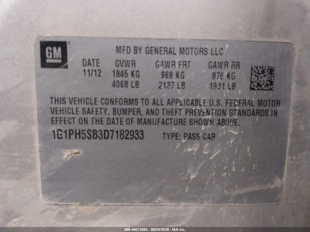 2013 Chevrolet Cruze Eco Auto მანქანა იყიდება აუქციონზე, vin: 1G1PH5SB3D7182933, აუქციონის ნომერი: 46212463