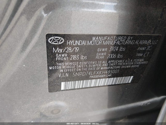 Продаж на аукціоні авто 2019 Hyundai Elantra Se, vin: 5NPD74LFXKH485001, номер лоту: 46212471