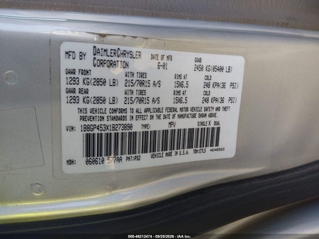 Aukcja sprzedaży 2001 Dodge Caravan Sport, vin: 1B8GP453X1B273890, numer aukcji: 46212474