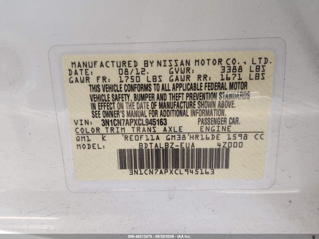 46212478 :رقم المزاد ، 3N1CN7APXCL945163 vin ، 2012 Nissan Versa 1.6 Sv مزاد بيع