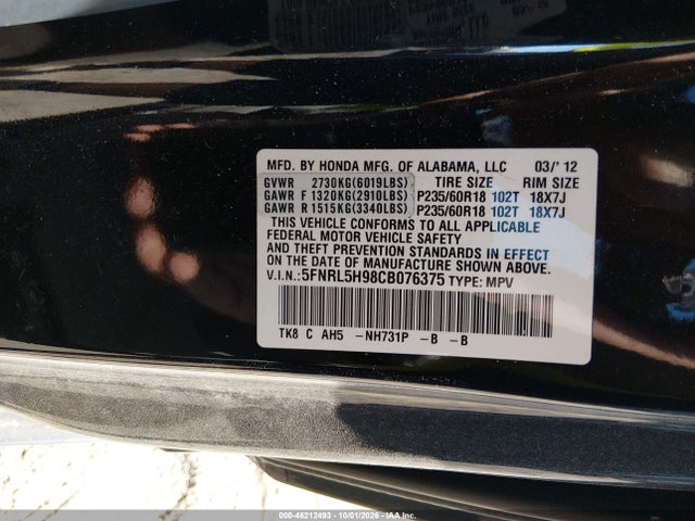 Продаж на аукціоні авто 2012 Honda Odyssey Touring/touring Elite, vin: 5FNRL5H98CB076375, номер лоту: 46212493