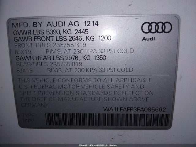 2015 Audi Q5 2.0t Premium მანქანა იყიდება აუქციონზე, vin: WA1LFAFP3FA085662, აუქციონის ნომერი: 46212506