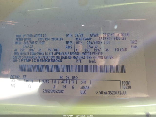46212514 :رقم المزاد ، 1FTMF1CB6NKE68040 vin ، 2022 Ford F-150 Xl مزاد بيع