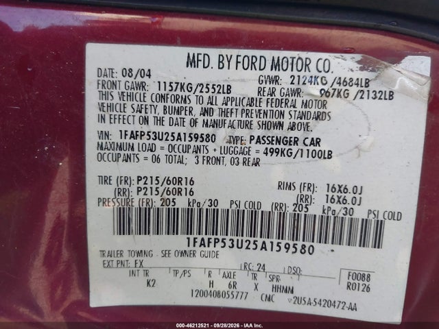 Продаж на аукціоні авто 2005 Ford Taurus Se, vin: 1FAFP53U25A159580, номер лоту: 46212521