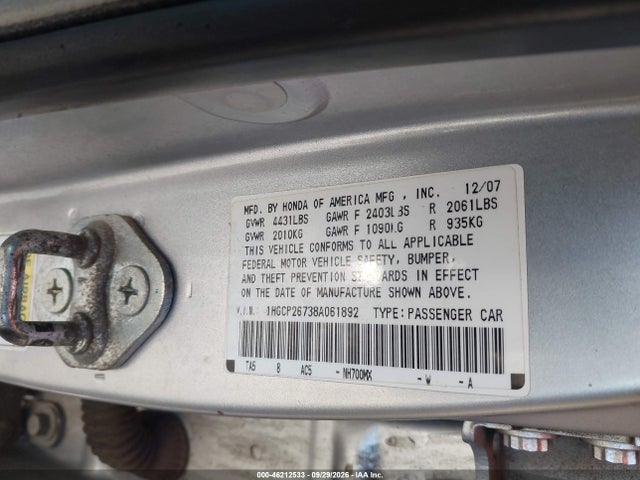46212533 :رقم المزاد ، 1HGCP26738A061892 vin ، 2008 Honda Accord 2.4 Ex مزاد بيع