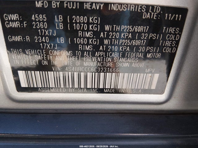 2012 Subaru Outback 2.5i Premium მანქანა იყიდება აუქციონზე, vin: 4S4BRCCC6C3231666, აუქციონის ნომერი: 46212535