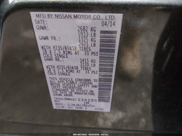 Aukcja sprzedaży 2014 Infiniti Qx60, vin: 5N1AL0MMXEC534195, numer aukcji: 46212542