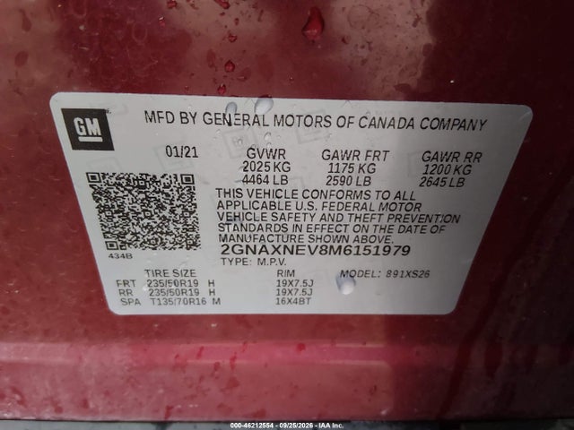 Aukcja sprzedaży 2021 Chevrolet Equinox Fwd Premier, vin: 2GNAXNEV8M6151979, numer aukcji: 46212554