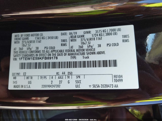 46212568 :رقم المزاد ، 1FTEW1E59KFB89178 vin ، 2019 Ford F-150 Xlt مزاد بيع