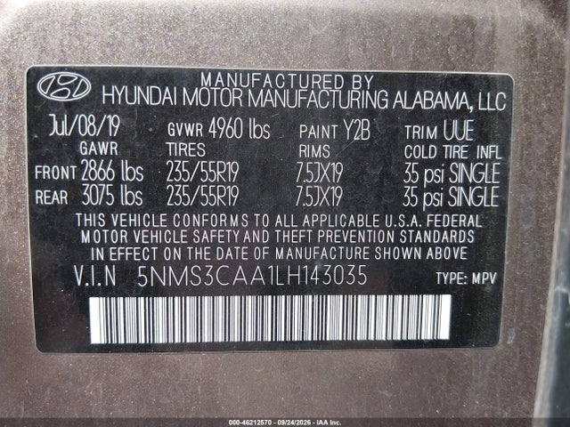 46212570 :رقم المزاد ، 5NMS3CAA1LH143035 vin ، 2020 Hyundai Santa Fe Sel 2.0t مزاد بيع