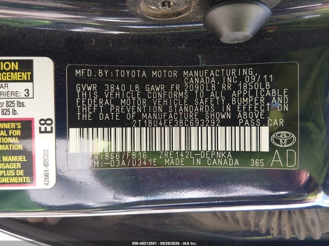 46212581 :رقم المزاد ، 2T1BU4EE3BC693292 vin ، 2011 Toyota Corolla Le مزاد بيع