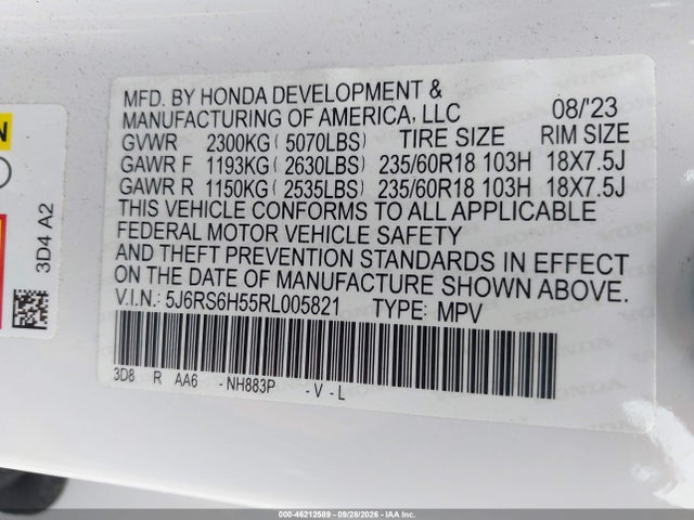 46212589 :رقم المزاد ، 5J6RS6H55RL005821 vin ، 2024 Honda Cr-v Hybrid Sport مزاد بيع