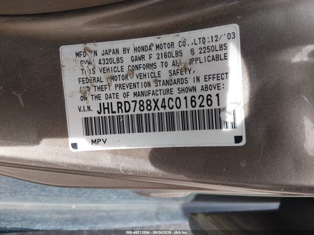 Продаж на аукціоні авто 2004 Honda Cr-v Ex, vin: JHLRD788X4C016261, номер лоту: 46212594