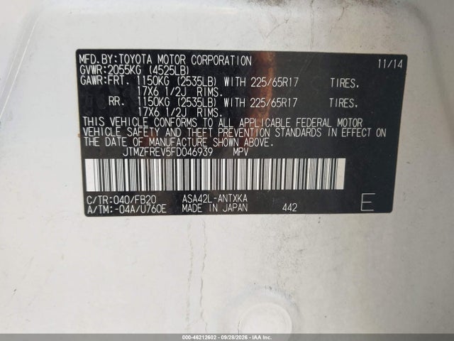 Aukcja sprzedaży 2015 Toyota Rav4 Le, vin: JTMZFREV5FD046939, numer aukcji: 46212602