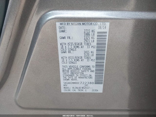 46212610 :رقم المزاد ، 5N1AR2MM0EC722380 vin ، 2014 Nissan Pathfinder S مزاد بيع