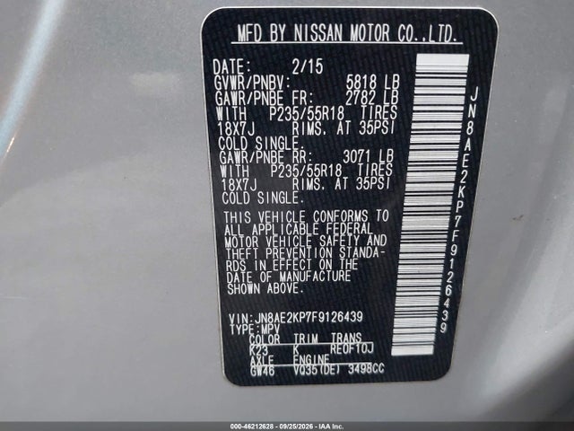 46212628 :رقم المزاد ، JN8AE2KP7F9126439 vin ، 2015 Nissan Quest Platinum مزاد بيع
