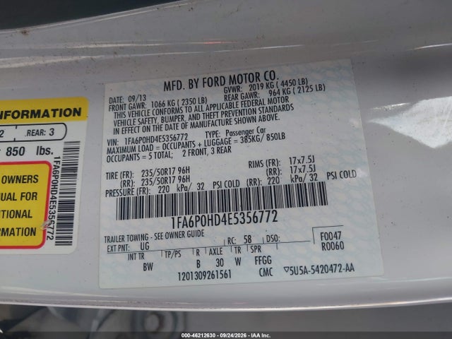 2014 Ford Fusion Se მანქანა იყიდება აუქციონზე, vin: 1FA6P0HD4E5356772, აუქციონის ნომერი: 46212630