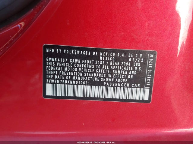 Aukcja sprzedaży 2022 Volkswagen Jetta 1.5t Se, vin: 3VW7M7BUXNM010631, numer aukcji: 46212635