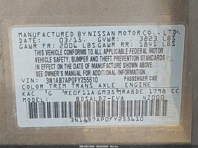 Продажа на аукционе авто 2015 Nissan Sentra Sv, vin: 3N1AB7AP0FY255610, номер лота: 46212646